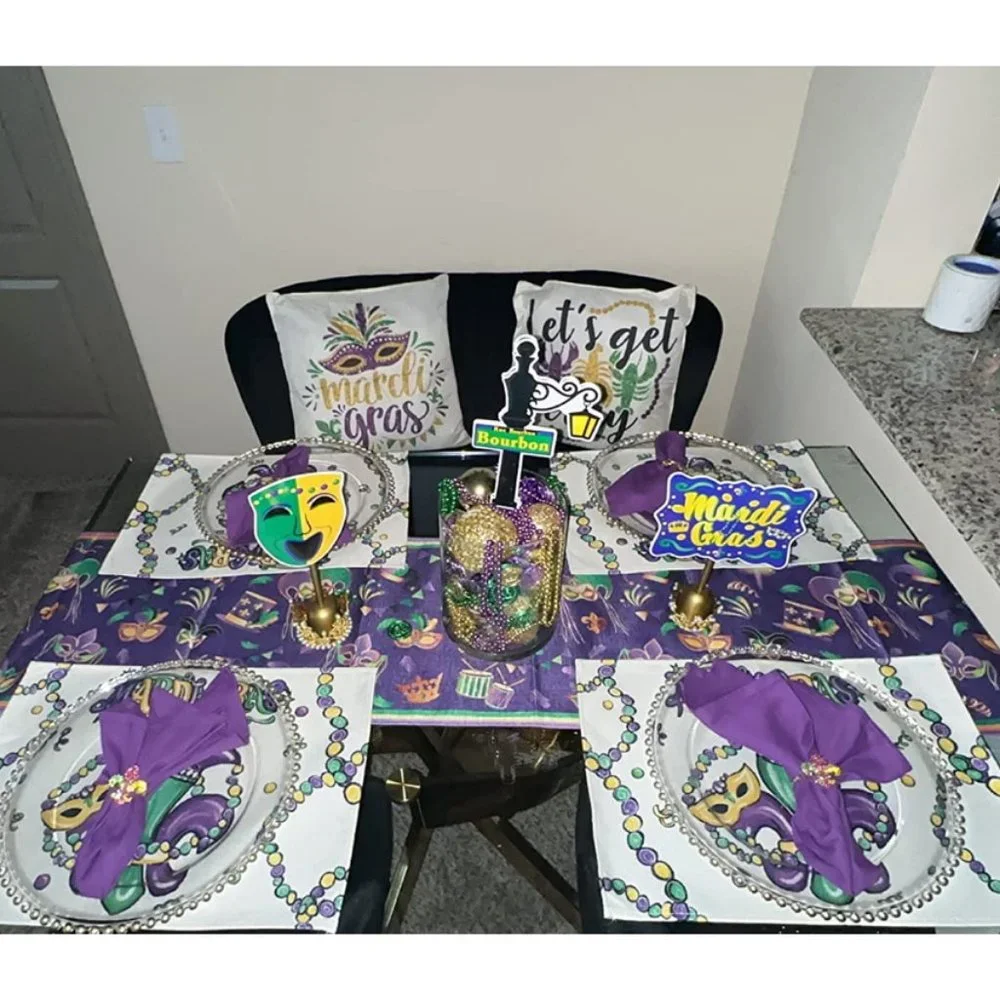 Mardi Gras Table Runner Party Masks Fleur De Lis Decor Decorative Dining Cloth